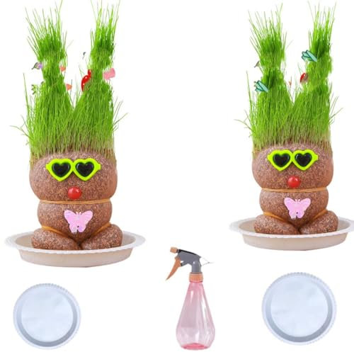 (3 Stück) Mini Bonsai Mückenabwehr, Puppe langes Gras, Mini-Bonsai, Graskopf-Pflanze, Graskopf-Puppe mit Tablett, Topfpflanze für Kinder, grüne Pflanze (Blüte)