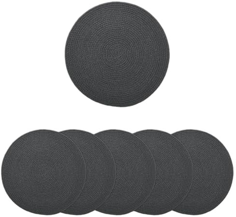 Encasa XO Tovagliette da Tavola Set di 6 | Tovagliette Rotonde in Cotone - Diametro 33 cm | Grigio scuro | Stile a Coste Fatto a Mano