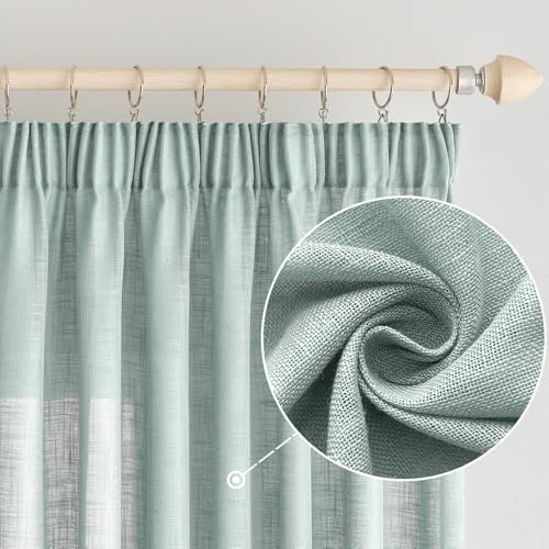 EMEMA Gardinen Vorhänge Leinenvorhang mit Kräuselband Voile Vorhang Leinenoptik Modern Halbtransparent für Wohnzimmer Dekoschal Küchengardinen Schlaufenschal Schlafzimmer Türkis 140 x 245 cm