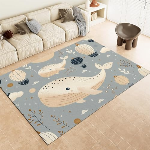 Karikatur Waschbarer Kinderteppich, Wal im Skandinavien Stil Teppich Grau-Blau mit Heißluftballons für Wohnzimmer und Schlafzimmer Groß 120 x 170 cm - Teppich Kurzflor Weiche & rutschfest