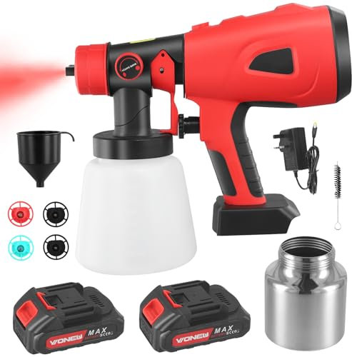 Neulriscn Cordless Paint Sprayer, 850W Paint Spray Gun, Fence Paint Sprayer with 5 Nozzles, 800ML*2 Containers, 3 Spray Patterns, 2*Battery and Charger, Electric Spray Gun for Wall, Ceiling, Furniture