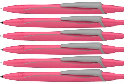 Schneider 131929 Reco Neon Edition Kugelschreiber (aus recyceltem Kunststoff, ausgezeichnet mit Der blaue Engel, Schreibfarbe: blau) neon pink, 6 Stück