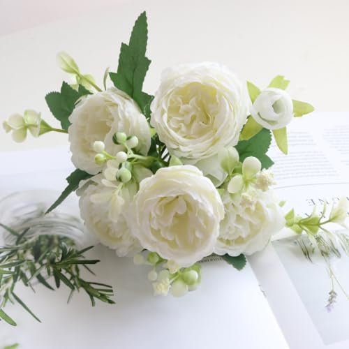 KARLOR Bouquet de roses artificielles blanches - 5 grandes têtes et 4 petits boutons - Rose persane artificielle - Décoration de mariage - Décoration de maison