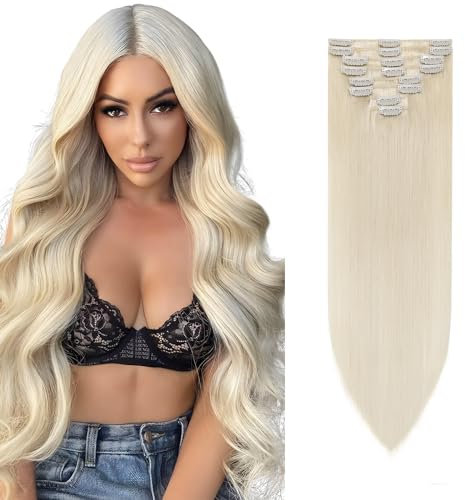 Rich Choices Clip in Extensions Echthaar 8 Stück Clip Extensions 35cm #60 Platinblond Haarverlängerung Echthaar Remy Seidig Gerade Invisible Clip ins Haar Extensions Natürlich - Dünne Tressen