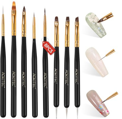 Aokitec 8 Stück Pinsel für Gelnägel, 11 Funktionen, Nail Art Pinsel Set, Nagel Pinsel für UV Nagellack Aufbaugel Poly Gel Dotting Painting Line Muster, Nägel Selber Machen, Schwarz