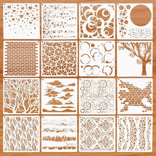 16 Stück Schablonen zum Malen,Wiederverwendbare Landschafts Malschablonen,Kunststoff Zeichnung Malschablonen,Schablonen Textilgestaltung, Malschablonen für DIY Scrapbooking Möbeln Wand Dekoration