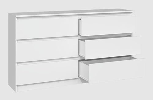 BDW - Kommode 140, Malwa M6 - Highboard 6 Schubladen - 140 cm - Für Wohnzimmer, Schlafzimmer oder Büro - Schlichtes und minimalistisches Design - Weiß