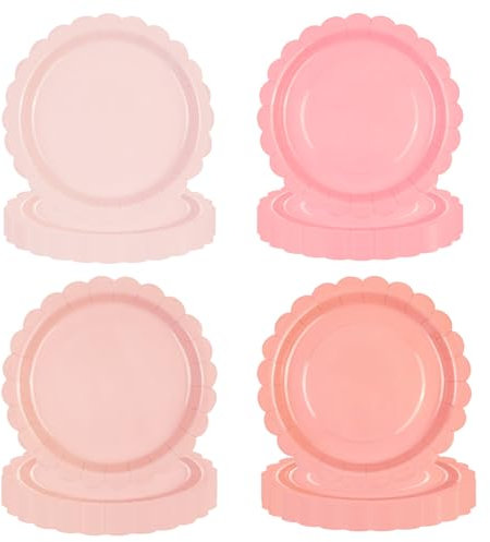 HFBOBP Lot de 48 rose assiettes jetables en carton, bord ondulé, ensemble de vaisselle pour fête, 4 motifs pour goûter, anniversaire, baby shower, mariage