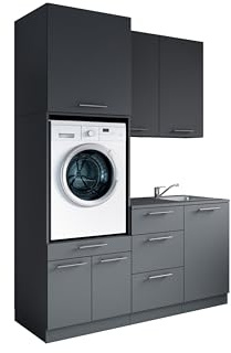 Laundreezy Waschraum Komplett-Set Anthrazit Modulares Schranksystem | 168 x 238 x 68 cm (B/H/T), Komplettlösung für Waschküche,Hauswirtschaftsraum, Keller, mit Softclose, höhenverstellbare Füße