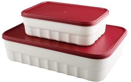 wocpvm 2 Pieces Plastic Storage Boxes with Lids Stackable Boxes for Kitchen, Cabinet, Office, Bathroom & Toys (Custard+Red)