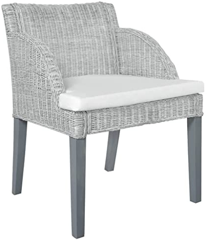 LoogCape Esszimmerstuhl mit Kissen, Grau Natur Rattan, Massiv Mangoholz, 60x59x76 cm, Bequemer Küchenstuhl für Esszimmer
