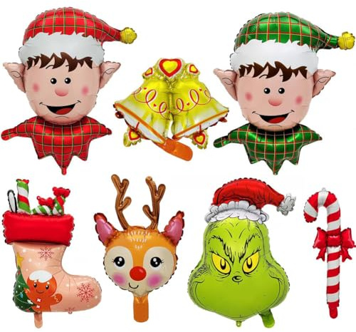 SZJFYMQ Globos de Navidad, 7 Piezas Globos de Aluminio de Navidad, Calcetín Navideño, Bastón, Campana, Reno, Decoración de Fiesta de Navideña