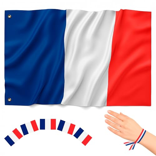BIORYC® Drapeau France 150x90 cm. Pavillon Français Extérieur en Polyester Renforcé 110g/m². 2 Œillets Métalliques pour Balcon et Jardin. Inclus : Bracelet Drapeau France et Autocollants Supporter