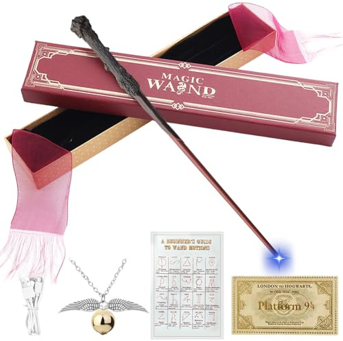 PLLYPE Zauberstab, 37CM Elderstab mit Licht, Lebensecht Elderstab mit USB Aufladung, Zauberstäbe mit Zauberspruchblatt, Halskette Stationsticket, Wizarding World Requisite für Hexen und Magier Cosplay