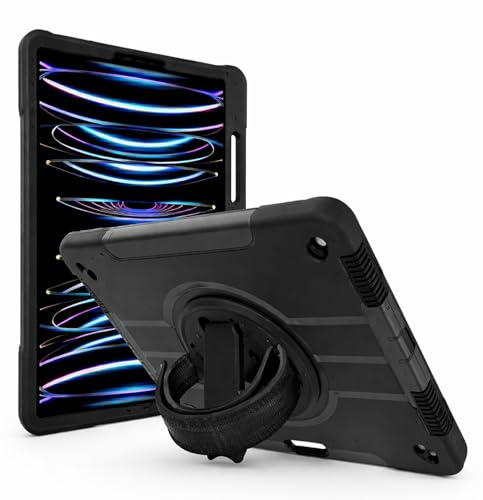World biz Heavy Duty Case for iPad Pro 12.9 inch (2022/2021/2020/2018, 6th/5th/4th/3rd Gen), Military Grade 3-Layer Full Body Rugged Cover Kickstand, Pencil Holder, Hand Strap (Black)