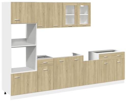 Qnhdfrt 7-TLG. Küchenzeile Lyon in Sonoma-Eiche – Modulares Küchenschrank-Set aus Holzwerkstoff – Mit Hängeschränken, Mikrowellenschrank und Geschirrspüler-Front