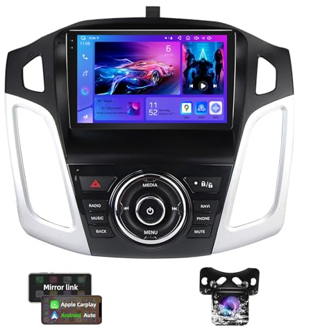 9 Zoll QLED Autoradio für Ford Focus MK3 2010-2018, Android Car Stereo 4GB+64GB mit Wireless CarPlay & Android Auto, AHD Rückfahrkamera, GPS, Bluetooth, FM/AM, WLAN