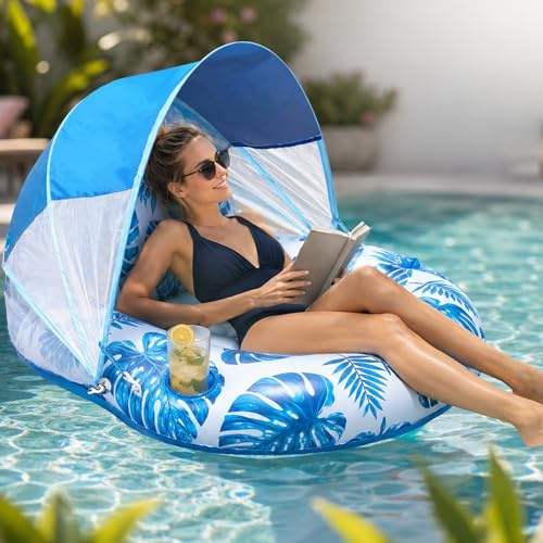 Float Tube, Shyllin Bouee Piscine avec Sonnendach, Fauteuil Gonflable, Bleu