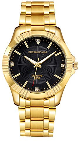 DREAMING Q&P Herren Quarz Analog Uhr mit Gold Edelstahl Armband Länge Verstellbar WD005B
