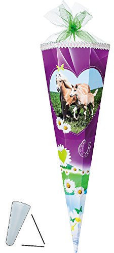 Schultüte - Pferd Pferdewiese - 100 cm - 12 eckig - mit Organzaabschluß - mit/ohne Kunststoff Spitze - Zuckertüte - Nestler - für Mädchen - Pferd Blumen..