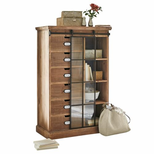 Loberon Kommode Finegand, antikbraun | mit Retro-Charme, viel Stauraum, Sechs Schubladen & Vier Fächer, Kommodenschrank, Aufbewahrung, Kiefernholz, Tannenholz, Glas