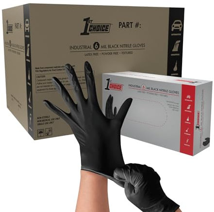 1st Choice Industrial 6 Mil Black Nitrile Gloves - Latex Free, Powder Free, Textured, Medium, 1PBNM, Box of 100, Pack of 10