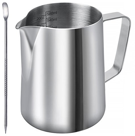 DINGHENG Milchkännchen, Milk Pitcher 600ml / 20 FL.oz. Milchkanne aus Edelstahl Milch Aufschäumen Krug Art Aufschäumkännchen+ Latte Art' Pen/Barista Stift, Silber