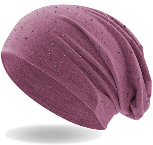 Hatstar Strass Nieten Steine Jersey elastisches Long Slouch Beanie Unisex Herren Damen Mütze (Rot meliert)