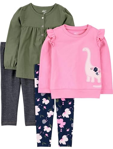 Simple Joys by Carter's Girls' 4-Piece Long-Sleeve Shirts and Pants Playwear Set, Black/Navy Floral/Olive/Pink Dinosaur, 18 Months
