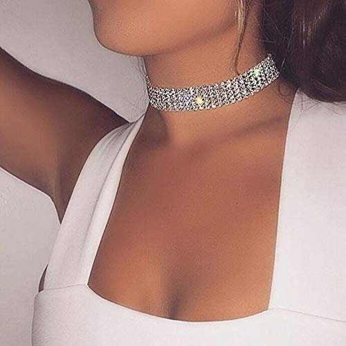 TseenYi Breite Strass-Kette, Halsband, Silber, Tenniskette, kurze glänzende Halsketten, Schmuck für Damen und Mädchen, 1 Count (Pack of 1), Silber, Strass