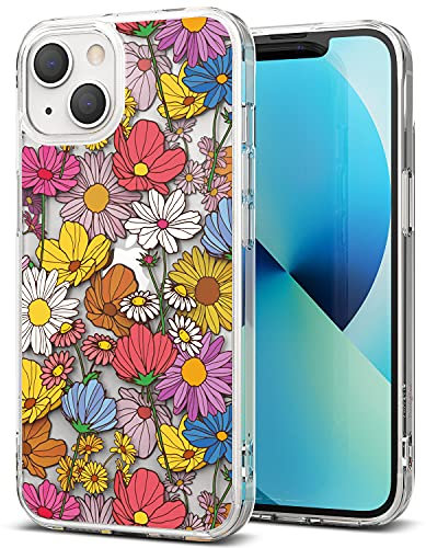 Ringke Fusion Design Compatible with iPhone 13 Case, Transparent Hard Back with Holographic Floral Girls Women Design Panel Shockproof TPU Bumper Phone Cover - Vivid Flowers