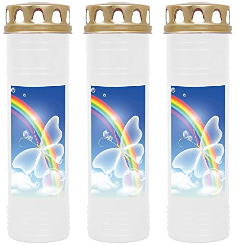 HS Candle Grabkerze Grablicht - 3er Pack - mit Motiv (Schmetterling Blau) - ca 170h / 7 Tage Brenndauer je Kerze (26cm, Ø 7cm) - viele versch. Designs