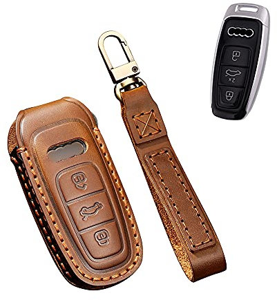 HIBEYO Smart Autoschlüssel Hülle passt für Audi Leder Schutzhülle mit Schlüsselanhänger Schlüsselbox Schlüsselhülle Cover für Audi A6L A6 A7 A8 Q7 Q8 SQ8 RS5 E-Tron Funkschlüssel Schlüssel-Braun