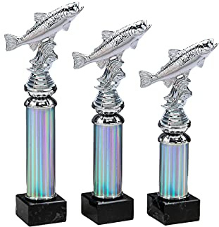 Henecka 🎣 Angler-Pokal, Angeln-Figur Fisch-Trophäe, Forelle Silber, Schwerer Marmor Sockel schwarz, mit Wunschgravur, wählbar in 3 Größen oder als 3er-Serie