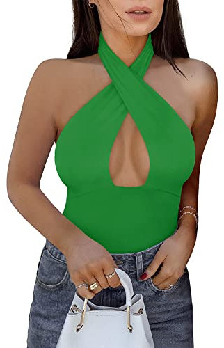 REORIA Body da donna sexy incrociato con scollo senza maniche perizoma Top verde X-Large