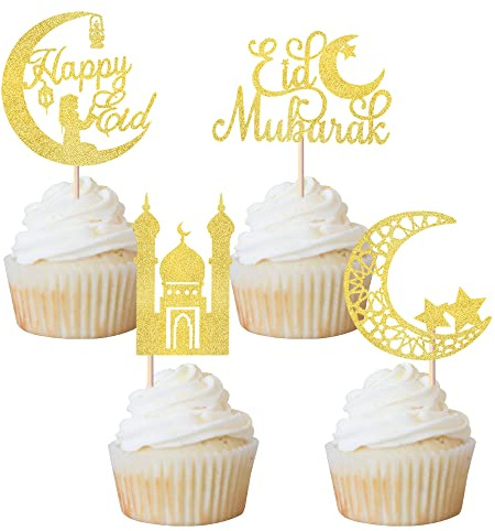 Rsstarxi 24 Stück Eid Mubarak Cupcake Toppers Gold Glitter Moon Star Happy Eid Cupcake Picks für islamische Muslim Mubarak Festival Ramadam Kareem Party Kuchen Dekorationen Supplies.