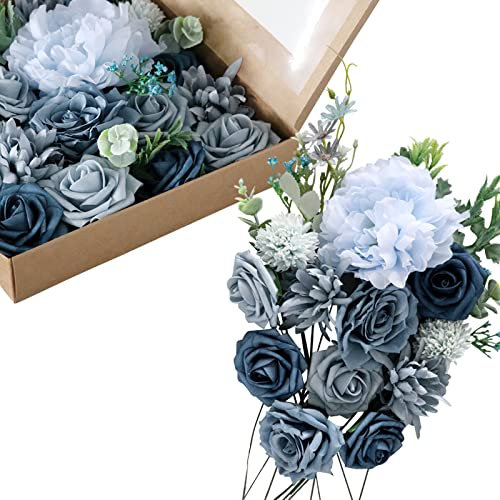 Fouriding Künstliche Blumen, Kunstblumen Gefälschte Rosen Combo DIY für Blumenarrangements, Blumensträuße, Hochzeitsdekoration,Zuhause Dekoration (Blau)