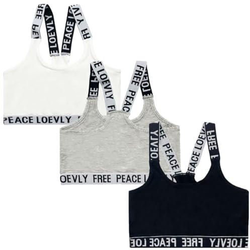 FedMois 3er Pack Mädchen Sport BH Bustier Baumwolle, Grau, Schwarz und weiß, Gr. 128/134 (Herstellergröße 140)