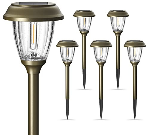 XMCOSY+ Lot de 6 lampes solaires d'extérieur 10/25 lm 2 modes d'éclairage | Lampes de jardin étanches IP65 en verre et métal, LED blanc chaud, à énergie solaire, pour cour, allée, patio