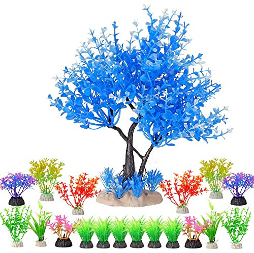 BEGONDIS Aquarium Dekoration Blauer Baum Set, 18 Stück künstliche grüne Wasserpflanzen Seegras Kunststoff, für alle Fische und Haustiere.
