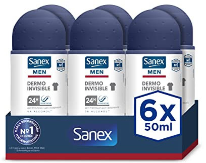 Sanex Men Dermo Invisible Deodorant für Herren, 24H-Schutz, Antitranspirant, Anti-Reizung, 0% Alkohol, bekämpft schlechten Geruch, weiße Flecken, 6 Stück x 50 ml