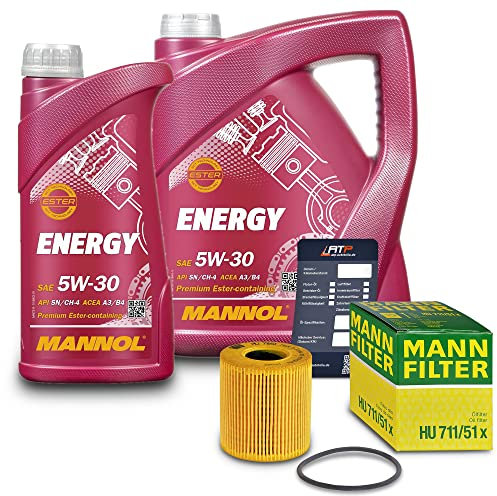 BESTPRICE Inspektionspaket Ölwechsel Filterset 1x MANN-FILTER Ölfilter 1x MANNOL Motoröl 5W-30 ENERGY 6L; 1x MANNOL 1x Ölwechselanhänger
