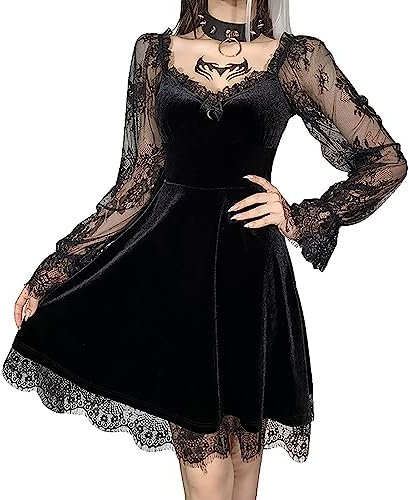Women Gothic Lolita Steampunk Grunge Velvet Cocktail Party Halloween Dress - Lace Mesh Long Sleeve Punk Goth A-Black