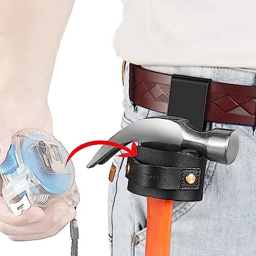 compuda Hammer Holder for Tool Belt - Genuine Leather Clip on Hammer Axe Holster Loop Tape Measure