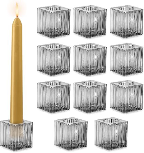 LALAGO 12 STK.Kerzenhalter Glas Stabkerze, Transparent Kerzenständer Glas Stabkerzen Stabkerzenhalter,Kerzenleuchter Kerzen Ständer für Tafelkerzen Baumkerzen Kerzen (Grau)