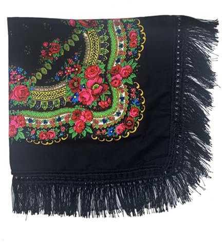 Ethnisches Fransen-Stirnband, Kopftuch, Retro-Blumendruck, Schal, Damen, russischer Stil, quadratischer Schal, Schwarz , One size