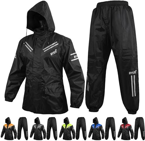 BYKR Wasserdichter Motorrad-Regenanzug für Damen und Herren, 2-teilig, atmungsaktiv und winddicht, Schutz vor nassem Wetter, Schwarz, Small
