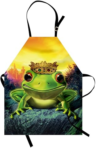 ABAKUHAUS Tier Kochschürze 2er-Pack, Frosch Prinz Mit Seiner Goldenen Krone Auf Der Felsen Märchen Soul Mates Illustration, Höhenverstellbar Klare Farben, 67 cm x 80 cm, Hellgrün Orange