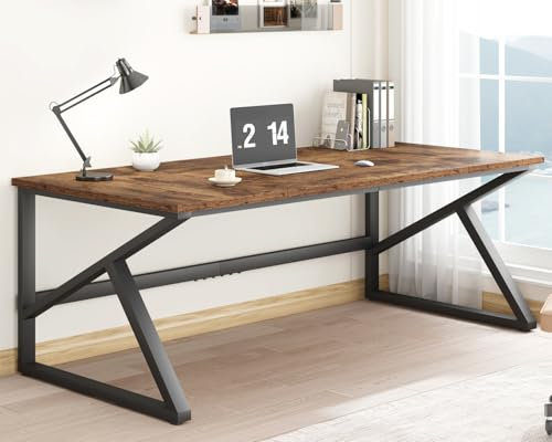 IBF 180cm Rustic Brown Desk, Industrial Large Metal Wood Double Computer Desk, Long Home Office Desks Table for 2 People Executive Work Writing Study Gaming, Farmhouse Big Two Person Desk in Bedroom