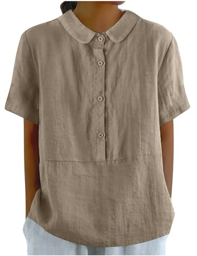 Angxiwan Going Out Tops for Women UK Linen Shirts for Women Short Sleeve Button Down Up Shirt Casual Collared V Neck Tops Shirts Blouses Trendy Summer Tops Plus Size Blouses for Women